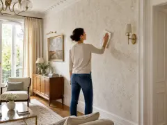 Une femme nettoie un mur avec un papier peint à motifs de feuilles. Elle utilise un chiffon pour peindre sur du papier peint, peut-être pour le rafraîchir.