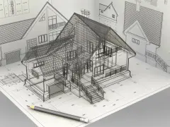 Szkic domu w formie siatki 3D na tle rysunków technicznych i wymiarów. To dokumentacja wykonawcza, która pokazuje szczegóły projektu.