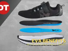 Zapatilla despiezada mostrando capas: suela, plantilla y parte superior. El texto destaca los beneficios del material **eva** en la construcción de calzado.