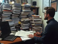 Pracownik z okularami tonie w papierach, próbując zdążyć ze sprawozdaniem BDO po terminie.