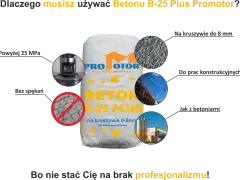 Beton B-25 Plus Promotor: wytrzymałość, kruszywo 0-8mm, bez spękań. Idealny do prac konstrukcyjnych, jak z betoniarni.