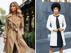 Deux femmes portent des manteaux élégants. L'une est en trench beige classique, l'autre en manteau blanc chic.