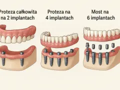 Nowe zęby koszt: proteza na 2, 4 lub 6 implantach. Ilustracja pokazuje różne opcje odbudowy uzębienia.