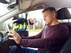 Mann am Steuer, Polizist mit Handy. Die Szene deutet auf eine Kontrolle hin, vielleicht wegen Verdacht auf **Probezeit Alkohol**.