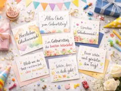 Geburtstagskarten mit Sprüchen, Geschenken, Cupcakes und Konfetti.