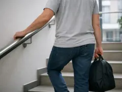 Mężczyzna z torbą idzie po schodach, podpierając się poręczy. To jego pierwsze samodzielne chodzenie po operacji wyrostka.