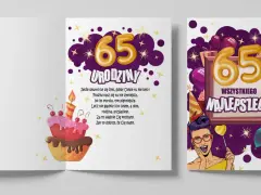 Wesołe życzenia na 65 urodziny z tortem i balonami. Sto lat!