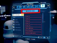 Pantalla de extras en LEGO Star Wars: The Skywalker Saga. Se muestra la opción "ENTER CODE" para introducir códigos.