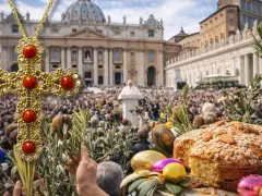 A jeweled cross, palm branches, and Easter treats in front of a crowd gathered for Holy Week in Italy.