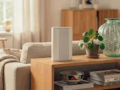 En stilren router på ett sidobord i vardagsrummet, redo för tv via mobilt bredband. En grön vas och en krukväxt ger liv åt inredningen.