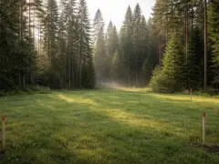 Oznakowane działki budowlane przy lesie, z mgłą unoszącą się nad trawą, pokazują, dlaczego działki budowlane przy lasach mogą zostać uznane za tereny zielone.