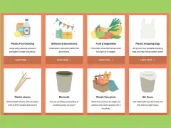Eight cards offer tips for reducing plastic waste, from cleaning supplies to bin liners, promoting alternatives to heavy duty plastic.