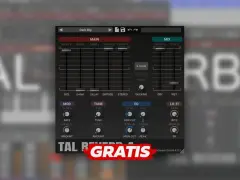 Interfejs wtyczki TAL Reverb 4 z suwakami i pokrętłami do kształtowania dźwięku. Napis "GRATIS" na czerwonym tle.