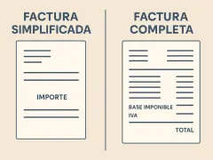 Comparación visual: factura simplificada o ticket con solo importe, frente a factura completa con base imponible, IVA y total.