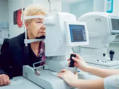 Starsza pani bada wzrok. Lekarz ustawia aparat, by zmierzyć perymetr pola widzenia.