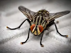 Mosca de cerca, con sus grandes ojos rojos y patas peludas. Una imagen que inspira a pensar en como matar moscas.