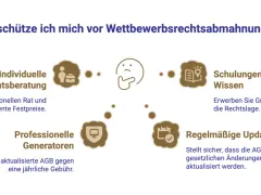 Grafik zeigt Wege, sich vor einer Abmahnung zu schützen: Rechtsberatung, Schulungen, Generatoren und Updates.