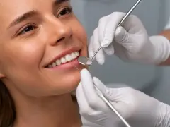 Uśmiechnięta kobieta podczas badania stomatologicznego. Dentysta sprawdza zęby, by upewnić się, że bonding nie niszczy zębów.