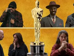 Gwiazdy filmowe w oczekiwaniu na Oscary 2026. Złoty Oscar pośrodku, a wokół niego aktorzy z różnych produkcji.
