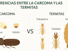 Ilustración compara la carcoma (larva, adulto) con las termitas (trabajadora, soldado, reina).