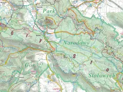 Mapa atrakcji Gór Stołowych: szlaki piesze, punkty widokowe, schroniska i zabytki.