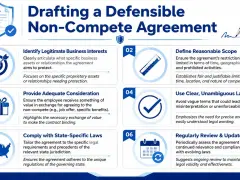 Infographic on drafting a defensible non-compete agreement, detailing 6 key steps: identify interests, define scope, provide consideration, use clear language, comply with laws, and review/update.