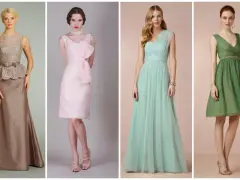 Modelli di abiti eleganti per un matrimonio di giorno: un lungo color tortora, un corto rosa con fiocco, un lungo menta e un corto verde.