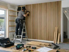 Man på en stege, som ska montera akustikpanel på väggen med en omladdningspistol. Verktyg och material ligger utspridda på golvet.