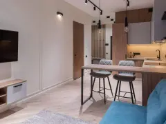 Un studio étudiant moderne avec coin cuisine, bar et salon. Idéal pour un deco studio etudiant fonctionnel et stylé.