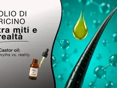 Olio di ricino per ciglia: una goccia dorata su una ciocca di capelli, tra molecole e realtà.