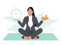 A woman in a suit meditates, balancing a clock in one hand and coins in the other. This illustrates what is self discipline: managing time and resources wisely.