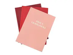 Trzy oprawione prace licencjackie w odcieniach czerwieni i różu, gotowe do drukowania.