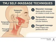 Diagram showing TMJ self-massage techniques for the face and neck, with instructions for masseter, temporalis, and pterygoid muscles.