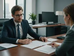 Un homme en costume signe un document, possiblement une modification du contrat de travail, face à une femme dans un bureau moderne.