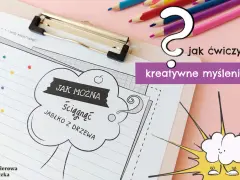 Ćwiczenia na kreatywne myślenie dla dzieci: "Jak można ściągnąć jabłko z drzewa?". Kolorowe kredki i chmurka z buźką zachęcają do zabawy.
