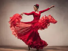 Tancerka w czerwonej sukni wiruje w rytm flamenco, jej strój faluje niczym płomienie.