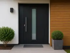 Nowoczesne, czarne drzwi zewnętrzne z wąskim przeszkleniem i długą klamką. Obok nich ozdobne krzewy.