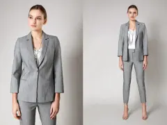 Elegancki szary garnitur damski, idealny do stylizacji business formal.