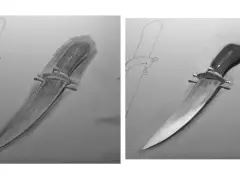 Dos dibujos de un cuchillo, uno en proceso y otro realista con brillo.
