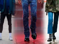 Tre persone mostrano diversi stili di pantaloni: skinny fit neri, jeans a sigaretta con cuciture a vista e jeans a zampa con orlo sfrangiato.