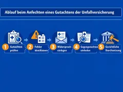 Schritte zur Anfechtung eines Gutachtens der Unfallversicherung: Gutachten prüfen, Fehler identifizieren, Widerspruch einlegen, Gegengutachten einholen, gerichtliche Durchsetzung. Nützliche Tipps für Ihr Gutachten.