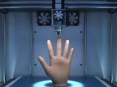 Druk 3D zastosowanie: drukarka tworzy model dłoni, pokazując potencjał technologii w medycynie i inżynierii.