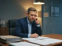 Zamyślony prezes spółki z o.o. przy biurku, zastanawia się, czy odpowiada swoim majątkiem.