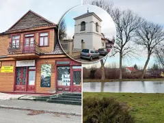 Drewniany budynek z szyldem "Nacho" i dzwonnica, gdzie nagrywali nowego znachora. W tle staw i drzewa.