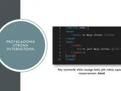 Grafika przedstawia fragment kodu HTML z tekstem "Przykładowa strona internetowa" w okręgu.