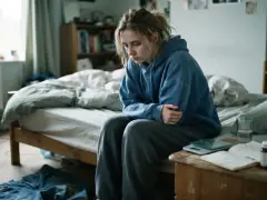 Ragazza seduta sul letto, pensierosa, con bilancia e diario sul comodino. Potrebbe riflettere le **anoressia cause madre** e le difficoltà emotive.