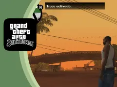 CJ en San Andreas, con el logo del juego y el mensaje "Truco activado". Descubre los mejores trucos GTA San Andreas movil.