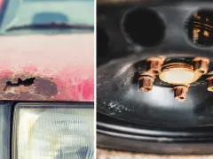 Rostskyddsbehandling gammal bil: en röd bil med rost på motorhuven och rostiga bultar på ett hjul.