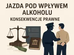 Policjant prowadzi pijanego kierowcę. W tle waga sprawiedliwości, kodeksy i butelka. Konsekwencje prawne jazdy pod wpływem alkoholu, art. 178a kk.