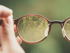 Przez okulary na zwyrodnienie plamki żółtej widać wyraźny, zielony las.